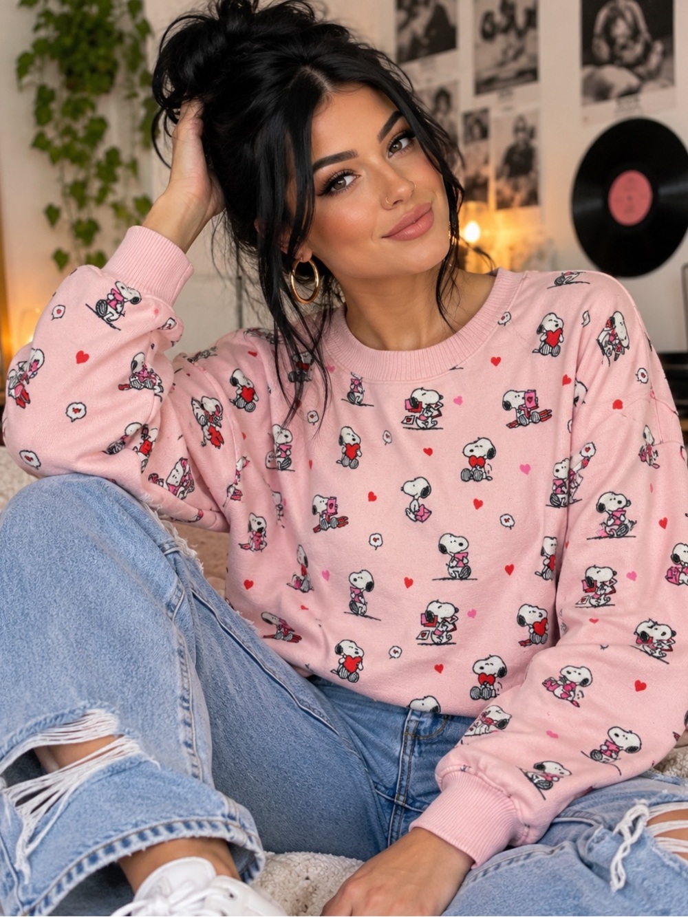 American Eagle AE Lounge Pink Snoopy Hearts Sweatshirt – Size L